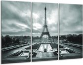 Glasschilderij Parijs, Eiffeltoren - Grijs, Groen - 120x80cm 3Luik - Foto Op Glas - Geen Acrylglas Schilderij - GroepArt 6000+ Glas Art Collectie - Maatwerk Mogelijk