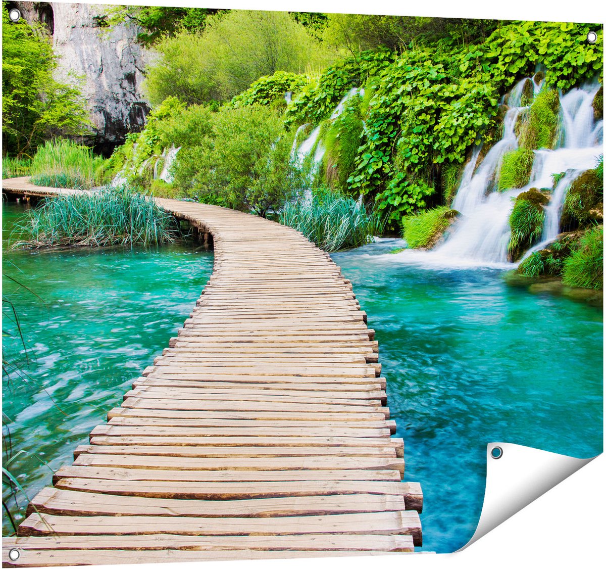 Gards Tuinposter Houten Pad op het Water bij de Watervallen - 100x80 cm - Tuindoek - Tuindecoratie - Wanddecoratie buiten - Tuinschilderij Multikleur