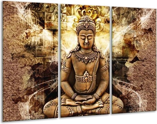 Glasschilderij Boeddha - Bruin, Wit, Geel - 120x80cm 3Luik - Foto Op Glas - Geen Acrylglas Schilderij - GroepArt 6000+ Glas Art Collectie - Maatwerk Mogelijk