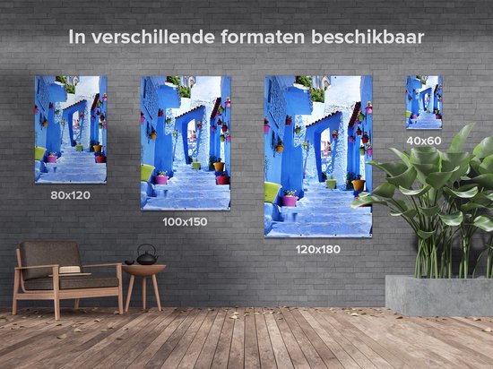 Gards Affiche de jardin Maisons bleues avec Pots de fleurs au Maroc Chefchaouen - 80x120 cm - Toile jardin - Décoration de jardin - Décoration murale extérieur - Tableau jardin