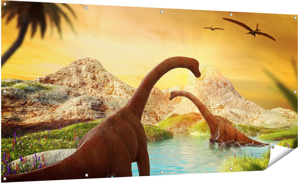 Gards Tuinposter Dinosauri�rs in het Water - Dino's - 200x100 cm - Tuindoek - Tuindecoratie - Wanddecoratie buiten - Tuinschilderij Multikleur
