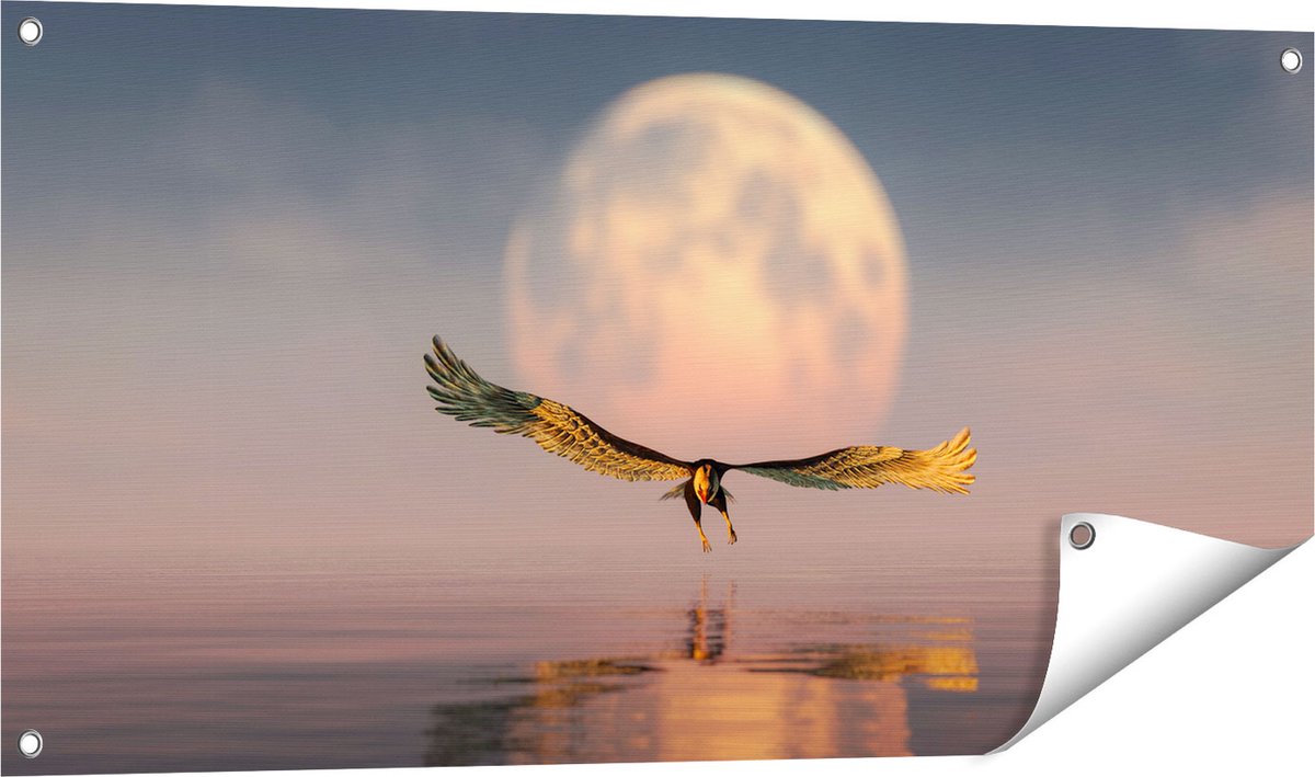 Gards Tuinposter Adelaar boven het Water bij de Maan - 100x50 cm - Tuindoek - Tuindecoratie - Wanddecoratie buiten - Tuinschilderij Multikleur