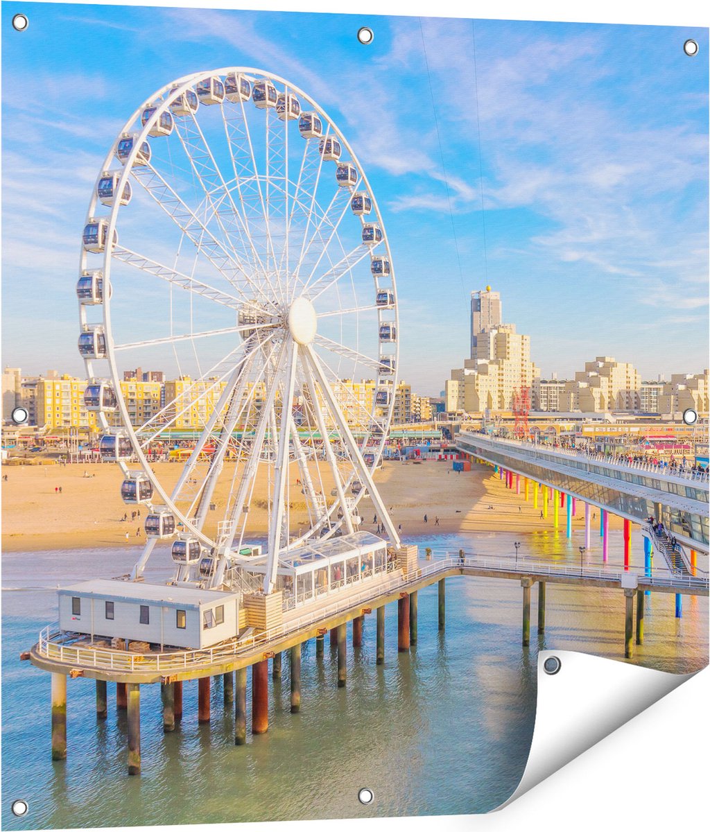 Gards Tuinposter Scheveningen Pier met de Ferris Wheel - Reuzenrad - 80x80 cm - Tuindoek - Tuindecoratie - Wanddecoratie buiten - Tuinschilderij Multikleur