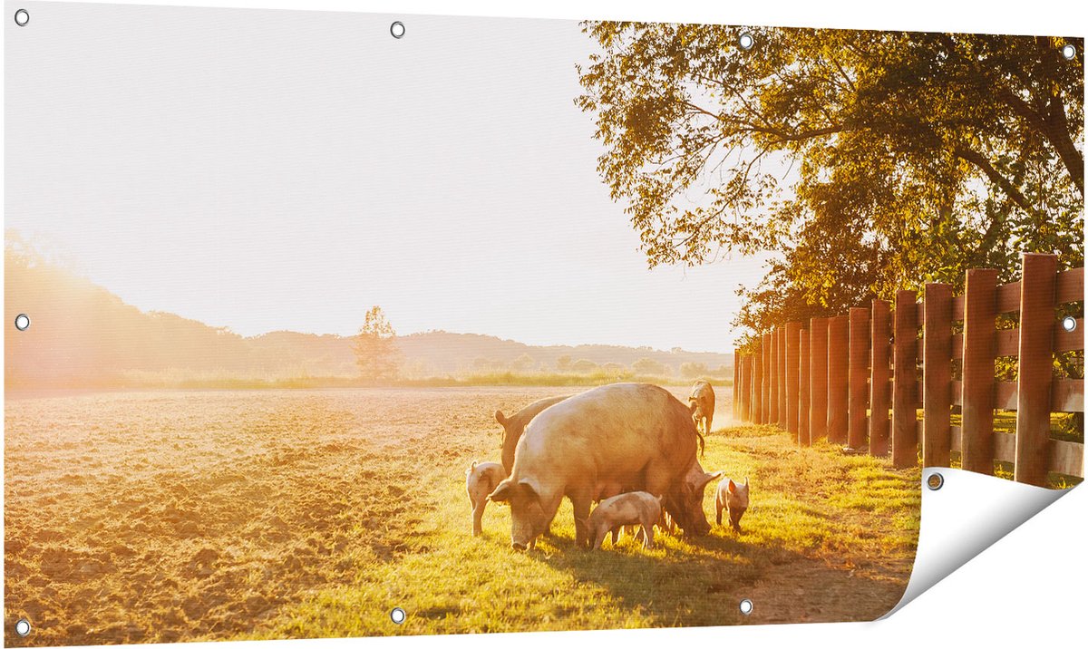 Gards Tuinposter Varken Familie - Varkens - 140x70 cm - Tuindoek - Tuindecoratie - Wanddecoratie buiten - Tuinschilderij Multikleur