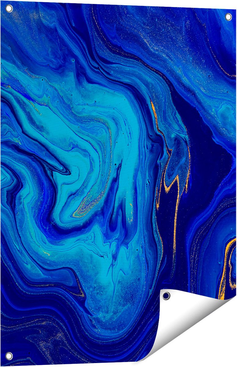 Gards Tuinposter Abstracte Kunst - Blauw met Gouden Verf - 60x80 cm - Tuindoek - Tuindecoratie - Wanddecoratie buiten - Tuinschilderij Multikleur