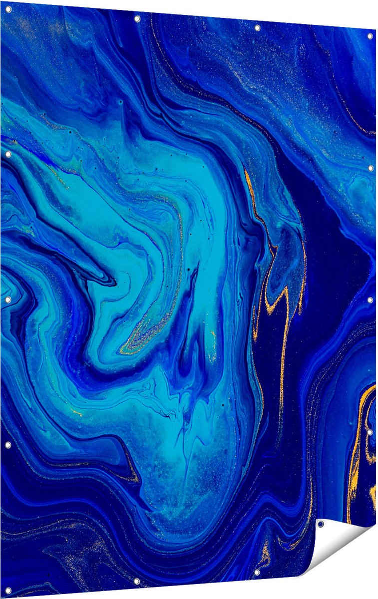 Gards Tuinposter Abstracte Kunst - Blauw met Gouden Verf - 120x160 cm - Tuindoek - Tuindecoratie - Wanddecoratie buiten - Tuinschilderij Multikleur