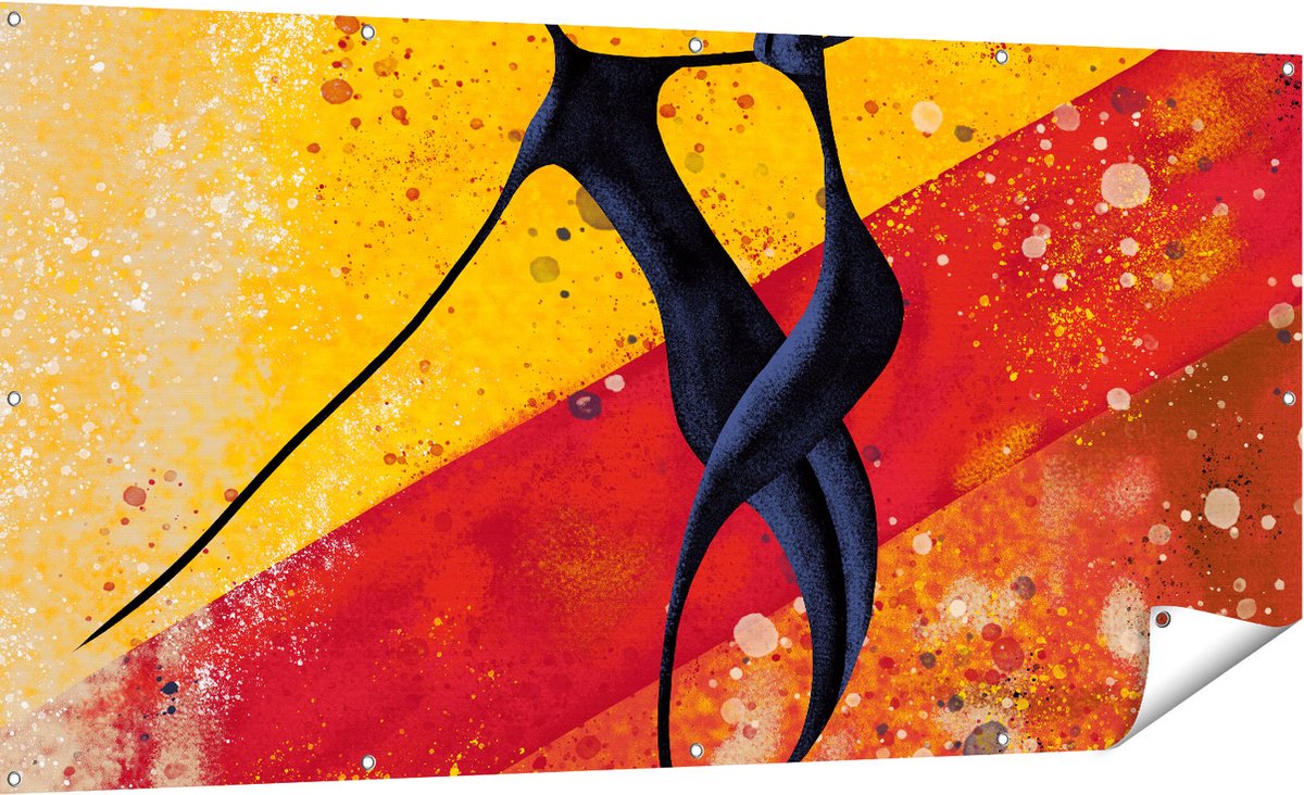 Gards Tuinposter Abstracte Kunst - Dansend Afrikaans Paar - 180x90 cm - Tuindoek - Tuindecoratie - Wanddecoratie buiten - Tuinschilderij Multikleur