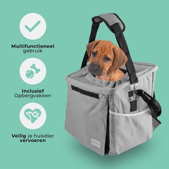 Grijze fietsmand met een puppy erin. Met handige opbergvakken. Tekst: Veilig je huisdier vervoeren.