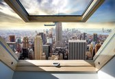 Fotobehang - Vlies Behang - 3D Uitzicht op New York vanuit het dakraam - 152,5 x 104 cm