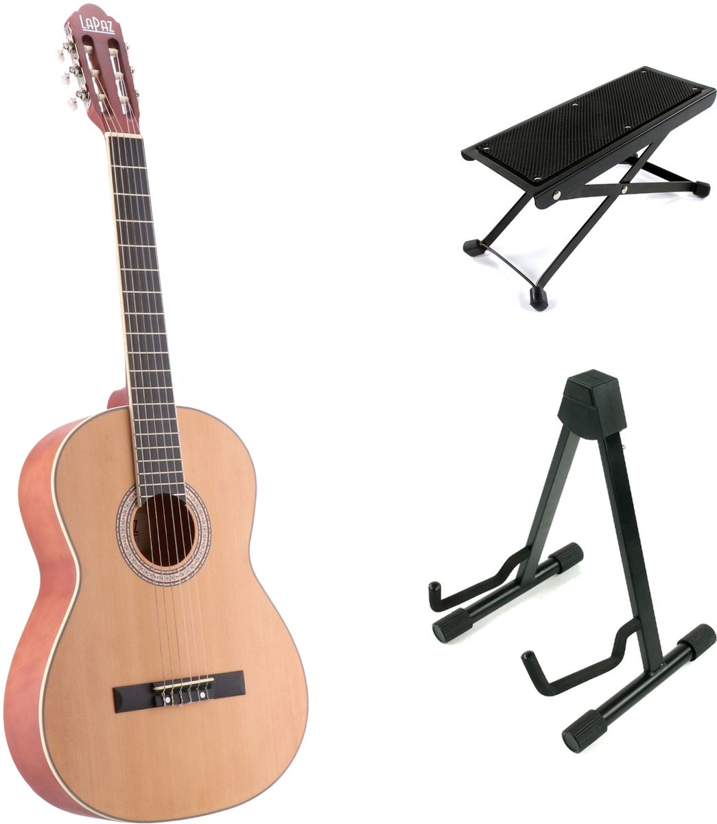 LaPaz C30N klassieke gitaar 4/4-formaat naturel + statief + voetenbank