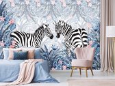 Fotobehang - Vlies Behang - Zebra's en Botanische Planten - 416 x 254 cm