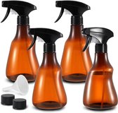 Spray waterfles 450 ml fijne nevel reisspray fles voor planten spray fles amber met pomp, een set van 4 plastic spray flessen