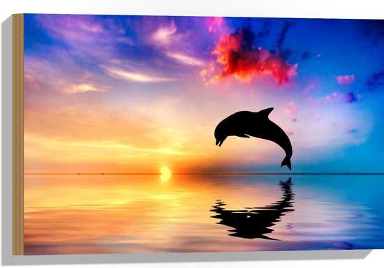 WallClassics - Bois - Coucher de soleil avec silhouette de dauphin au-dessus de Water dans un environnement coloré - 60x40 cm - 9 mm d'épaisseur - Photo sur bois (avec système de suspension)