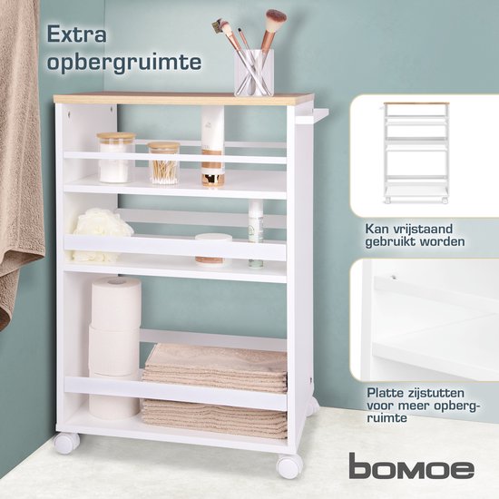 bomoe Bengt - Chariot de cuisine sur roulettes 50x79x38 cm - Chariot de service Bois avec 3 Planches & plan de travail FSC® - Wit & Chêne