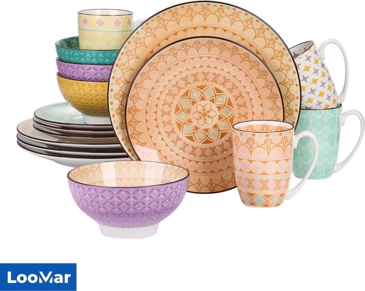 LooMar Luxe Serviesset – 16 delig – 4 persoons – Porselein - Bordenset – Dinner platen – Dessertborden - Kommen - Mokken - Set - Multi Color
