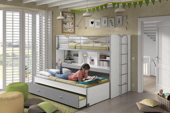 Lit mezzanine Bonny 80 avec bureau et tiroir de lit - gris - Vipack - Lits mezzanines avec bureau - Gris - Métal|Panneaux de particules - Lits mezzanines avec bureau