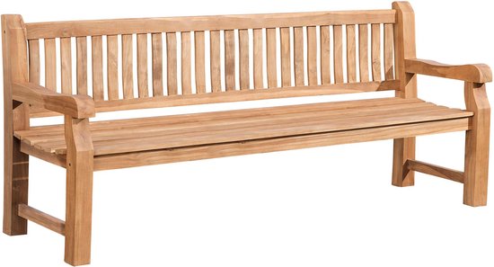 Lichtbruine houten tuinbank met lattenbodem en rugleuning, witte achtergrond.