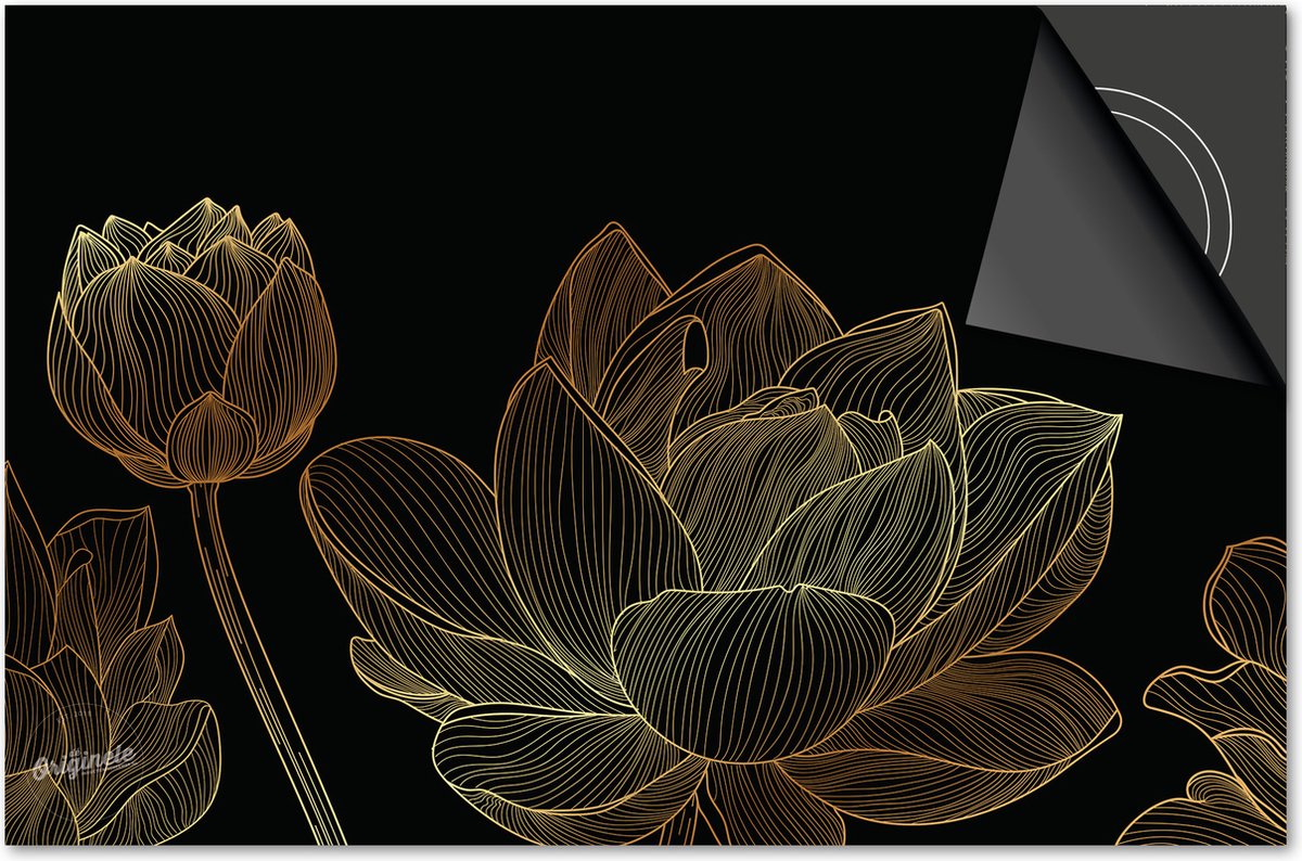 Inductie beschermer 60x60 - afdekplaat inductie mat - Dietrix Kookplaat beschermer - Base - Black en Gold - Gouden Bloemen lijnen