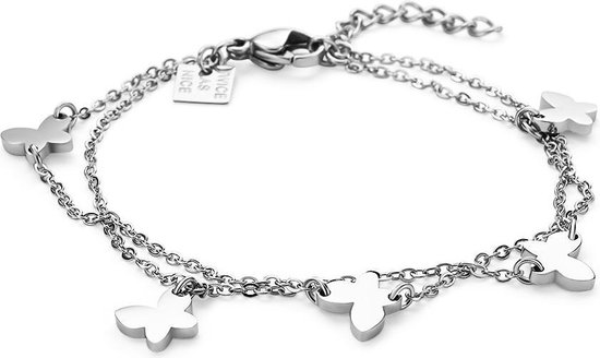 Twice As Nice Bracelet en acier inoxydable, 5 papillons, double chaîne 16 cm + 3 cm