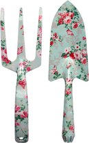 2-delige tuingereedschap set rozen print schep en hark metaal - Handhark 23 cm - Tuinschep/plantenschep 27 cm