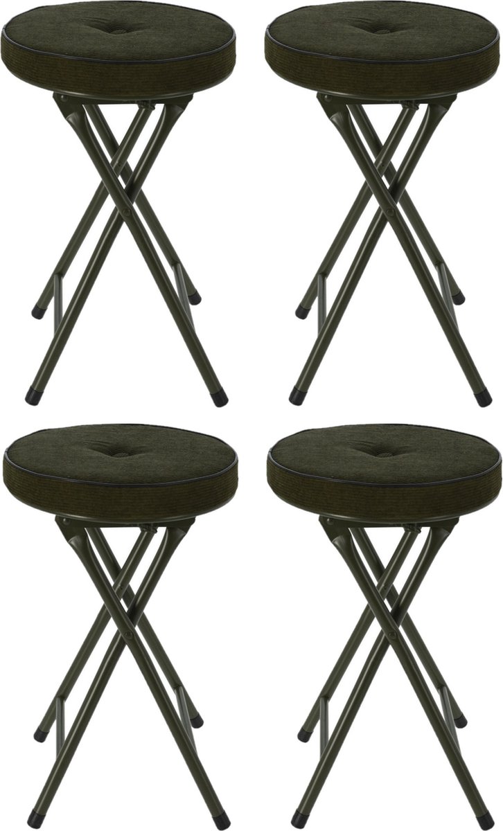 Home & Styling Bijzet krukje/stoel - 4x - Opvouwbaar - Donkergroen - Ribcord - D33 x H49 cm