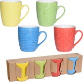 Excellent Houseware koffie/thee mokken - 8x - motief - porselein - 380 ml - multi kleuren