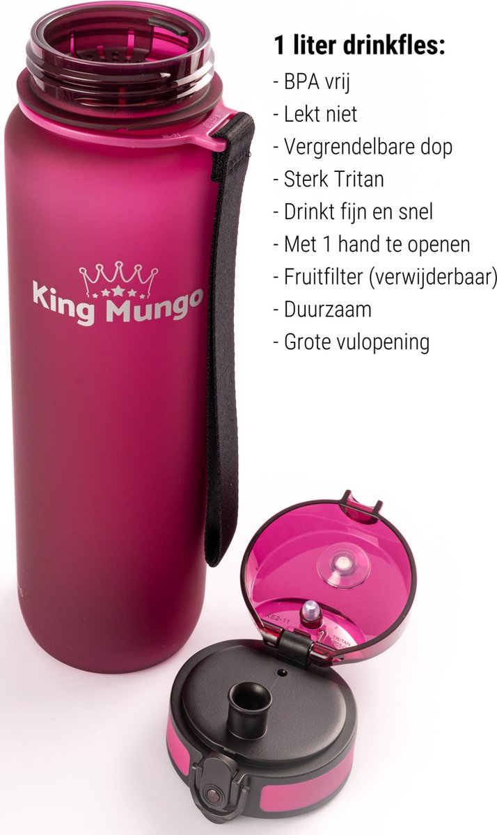 King Mungo Waterfles 1 Liter Mat Paars Rood thumbnail 3