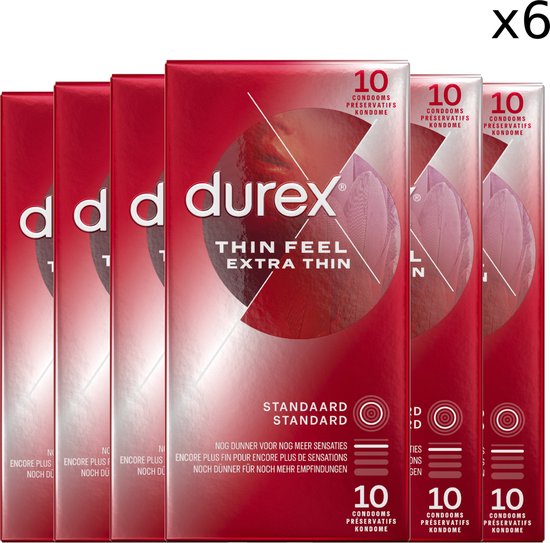 Six paquets de préservatifs Durex Thin Feel Extra Thin. Emballages rouges avec le texte '10 condoms'.