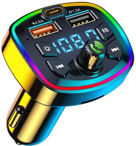 Smartly FM Transmitter Bluetooth - Autolader - Bluetooth Carkit - SD Kaart- RGB Light - Fastcharger - USB-C Poort - USB Charger - Handsfree Bellen - Voor Alle Telefoons - Bluetooth 5.0 - Voice assistent