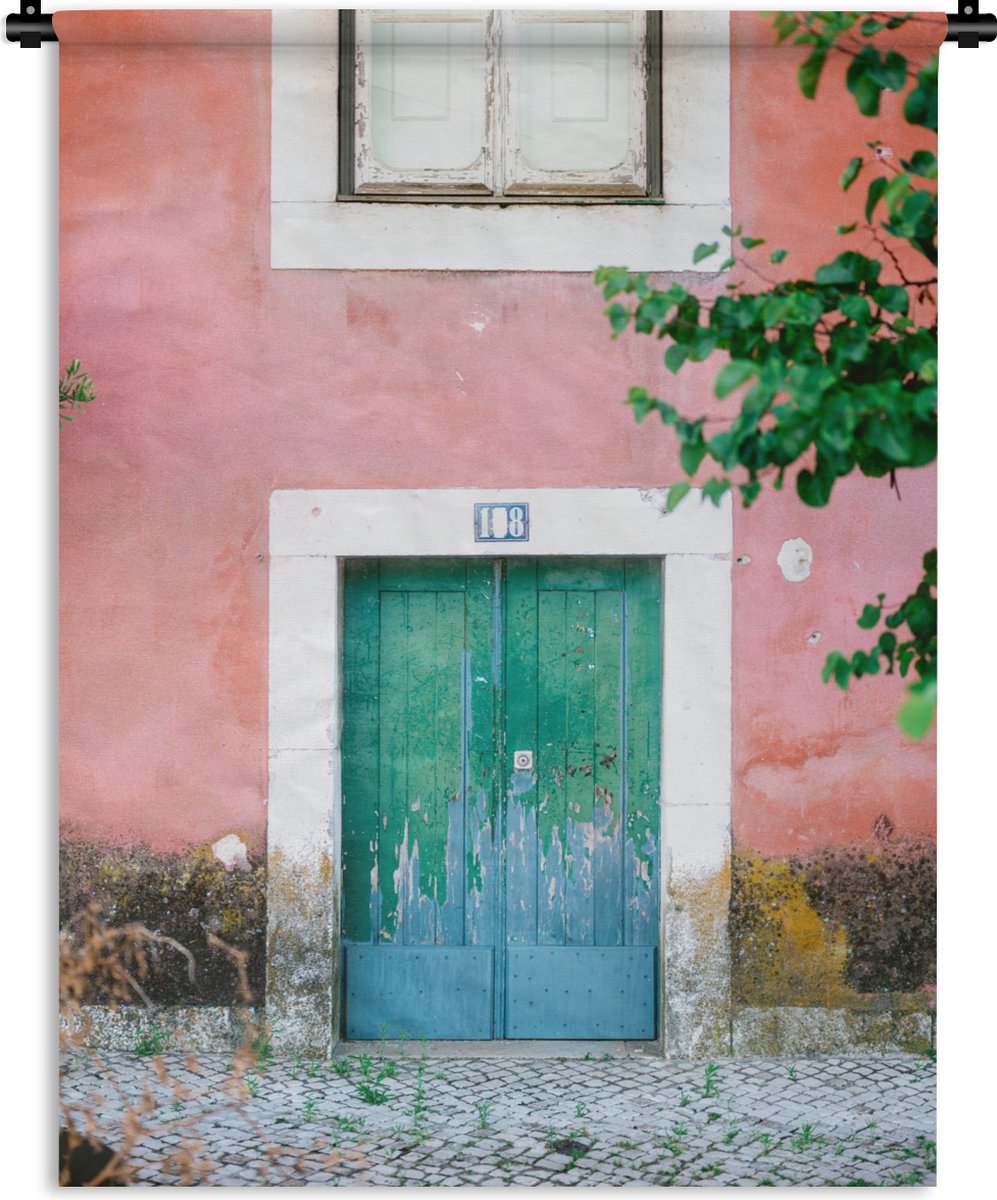 Wandkleed - Wanddoek - Deur - Groen - Roze - Verf - 120x160 cm - Wandtapijt