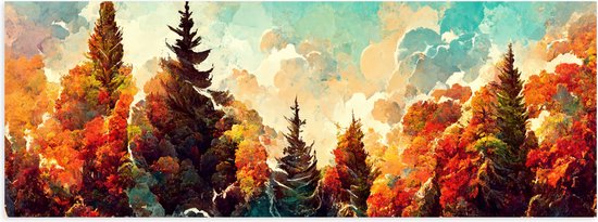 Poster Glanzend – Schilderij van Rij Bomen in Herfstkleuren - 90x30 cm Foto op Posterpapier met Glanzende Afwerking