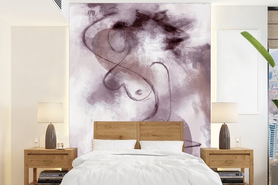 Behang - Fotobehang Vrouw - Abstract - Line art - Portret - Paars - Breedte 165 cm x hoogte 220 cm - Behangpapier