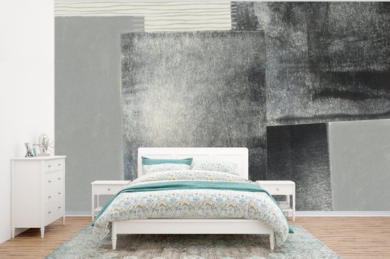 Behang - Fotobehang Abstract - Grijs - Zwart - Kubus - Breedte 375 cm x hoogte 280 cm - Behangpapier