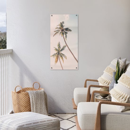 Tuinposter 40x80 cm - Tuindecoratie Palmbomen - Lucht - Natuur - Wolken - Poster voor in de tuin - Buiten decoratie - Schutting tuinschilderij - Tuindoek muurdecoratie - Wanddecoratie balkondoek