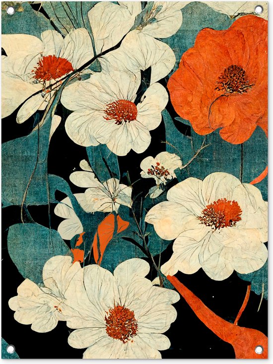 Tuinschilderij Bloemen - Planten - Vintage - Azië - Oranje - 60x80 cm - Tuinposter - Tuindoek - Buitenposter