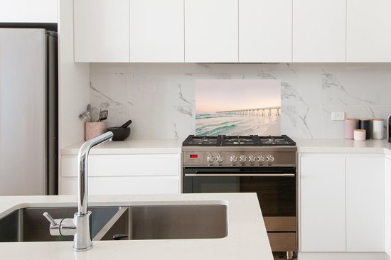 Spatscherm keuken 70x50 cm - Kookplaat achterwand Zee - Strand - Brug - Natuur - Zonsondergang - Muurbeschermer - Spatwand fornuis - Hoogwaardig aluminium
