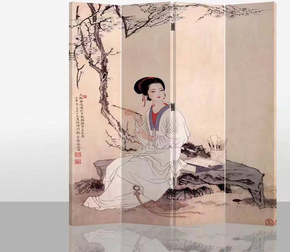 Fine Asianliving Chinees Kamerscherm Oosters Scheidingswand B160xH180cm 4 Panelen Chinese Vrouw Naturel