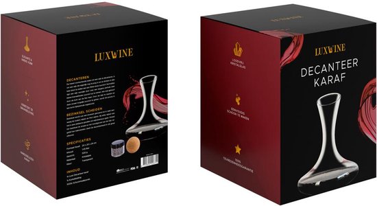 Boîtes de la carafe à décanter Luxwine avec images et texte.