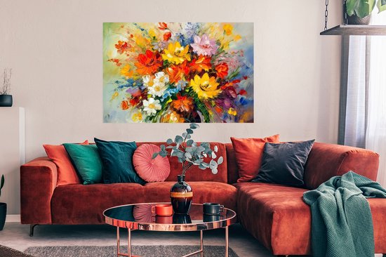 Poster Fleurs - Colorées - Peinture à l'huile - Pot de fleurs - 120x80 cm