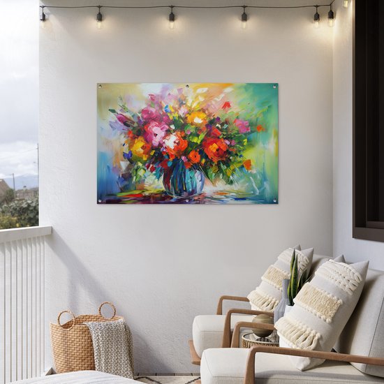 Affiche de jardin Fleurs - Coloré - Pot de fleurs - Peinture à l'huile - 130x80 cm - Décoration murale Extérieur - Affiche de jardin - Toile de jardin - Affiche de clôture - Tableau de jardin