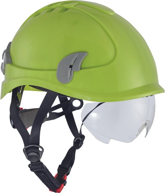 Limegroene helm met grijze details, transparante vizier en zwarte banden.