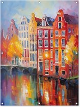 Tuinposter - Tuindoek - Tuinposters buiten - Grachtenpanden - Kunst - Schilderij - Amsterdam - 90x120 cm - Tuin