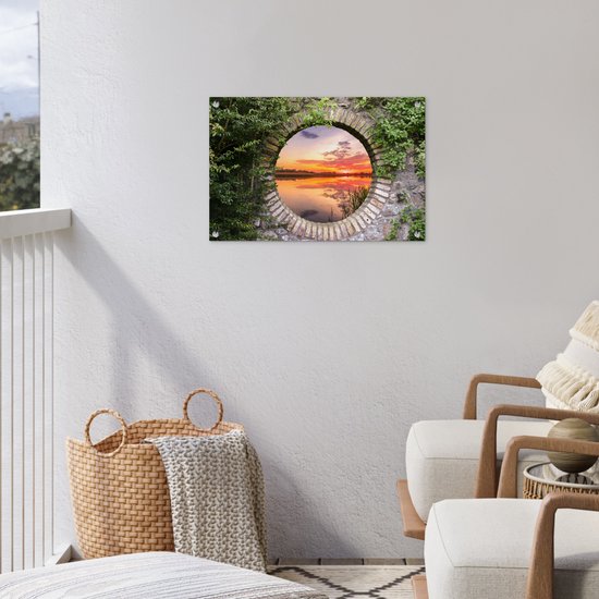 Affiche de jardin - Lac - Vue à travers - Soleil - Water - Toile de clôture - 60x40 cm - Peinture de jardin - Toile de jardin