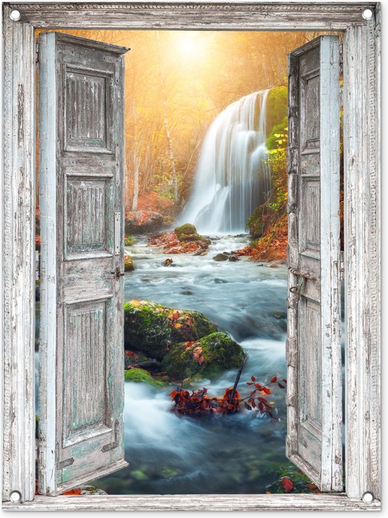 Foto: Tuinposter doorkijk deuren waterval landschap natuur herfst tuindoek tuinschilderij voor buiten tuin 60x80 cm schuttingdoek tuindecoratie schutting decoratie