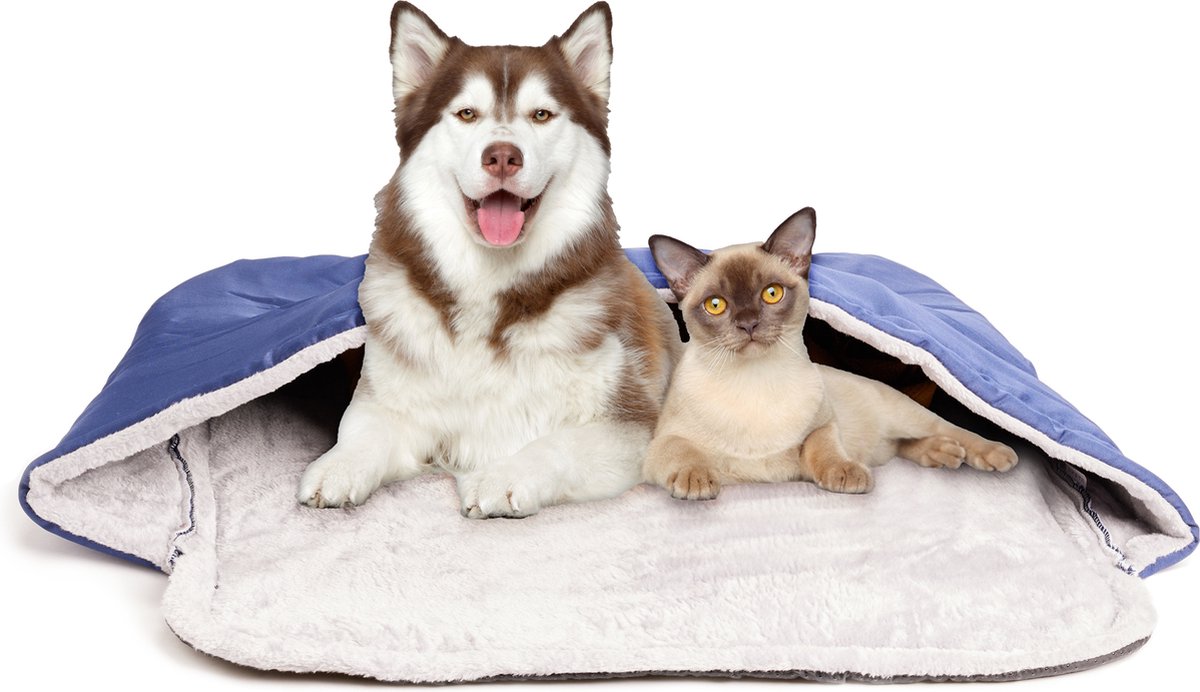 Navaris hondenslaapzak van zacht materiaal - Knusse slaapzak voor hond of kat - 90 x 70 cm - Wasbaar - Donkerblauw/grijs - Navaris
