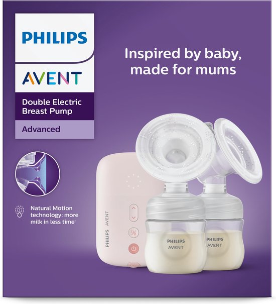 Philips Avent verpakking en dubbele elektrische borstkolf met roze motorunit.
