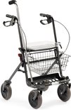 Grijze rollator met mandje en dienblad, zijaanzicht.