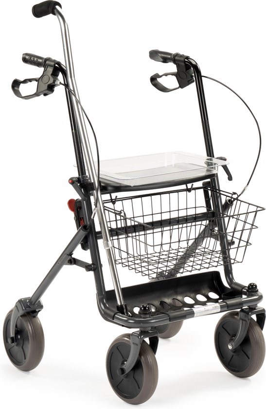 Grijze rollator met mandje en dienblad, zijaanzicht.