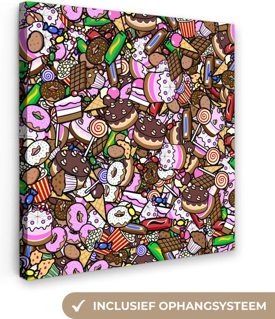 Canvas Schilderij Snoep - Design - Chocolade - Taart - Lolly - Kinderen - 20x20 cm - Wanddecoratie