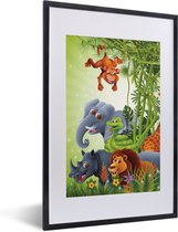 Fotolijst incl. Poster - Jungle dieren - Planten - Kinderen - Olifant - Giraf - Leeuw - 40x60 cm - Posterlijst